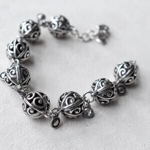 Brighton Silver Ball Crystal Bracelet Filigree Scrolled Silver Plated Retired 8"